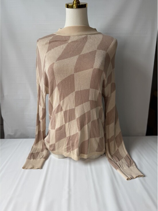 KORI Sweaters - KORI Women's M Beige Brown Geometric Knit Crew Neck Pullover Sweater [COPY]